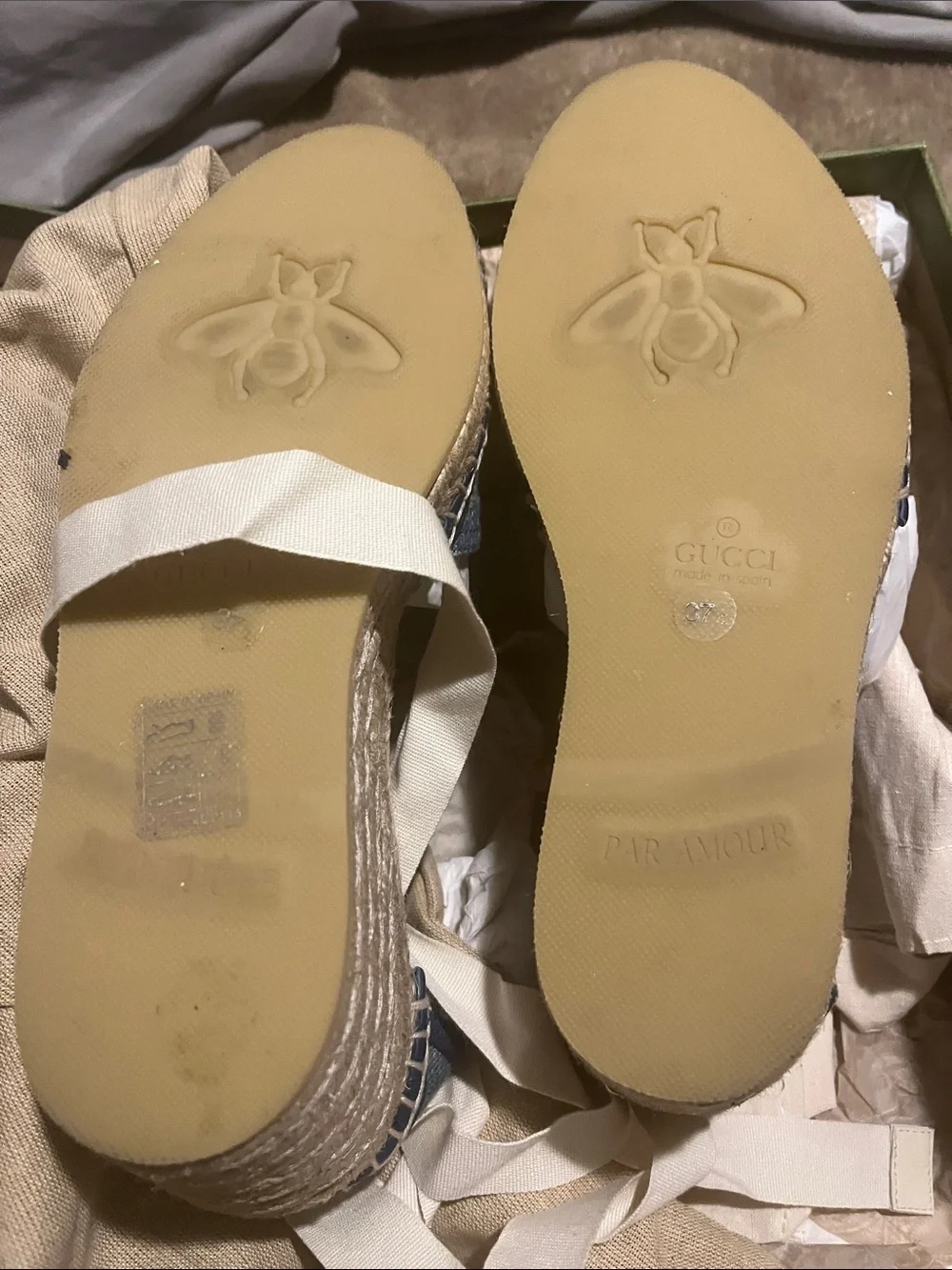 Gucci Blue Denim GG Espadrille Wedge Sandals with Cream Ribbon